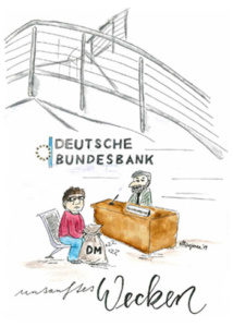 Illustration Umtausch D-Mark zu Euro (Schlafmünzen, Heiermann) in der Bundesbank Bielefeld | MDM-Münzenblog