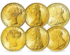 Victorias Sovereign-Goldmünzen mit Young Head, Jubilee Head und Old Head (1/2 und 1 Sovereign, Vorderseiten) | MDM-Blog